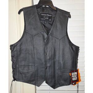NEW Mens Black Leather Vest Concealed Carry Gun Pocket Side Laces L Moto western